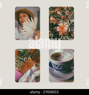 Collage avec des photos de souvenirs de vacances d'été avec portrait d'une femme dans un chapeau, fleurs roses, une tasse de café avec texte espagnol 'San Isidro'. Banque D'Images