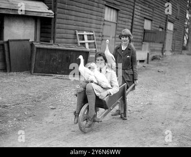 Quelques élèves de Mlle Harrison Bell avec leurs canards à sa ferme avicole à Welwyn. Banque D'Images