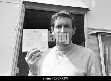 St Annes, lancashire : le Néo-zélandais Bob Charles, de retour sur la scène de son triomphe 1963, a fait un score record de 66 au premier tour sur le Royal Lytham course aujourd'hui -- premier jour du championnat britannique Open Golf. Ici, il révèle sa voiture après avoir terminé le cours -- cinq sous par. Chrales est maintenant leader - dans le tournoi de £30 000. 9 juillet 1969 Banque D'Images