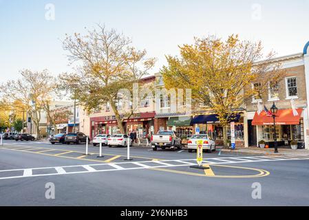 SAG Harbor, NY - 23 octobre 2023 : bâtiments traditionnels avec boutiques et arbres d'automne colorés le long de la rue principale au coucher du soleil. Datant de 1745, main Banque D'Images