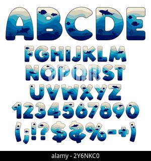 Alphabet, lettre, nombre, signe, police marine faite de couches d'eau et de la silhouette d'animal marin et de corail. Objet vectoriel isolé sur dos blanc Illustration de Vecteur