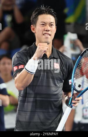 Tokyo, Japon. 26 septembre 2024. Le Japonais Kei Nishikori ferme le poing en battant le croate Marin Cilic au premier tour des championnats du Japon Open de tennis au Colisée Ariake à Tokyo le jeudi 26 septembre 2024. (Photo de Yoshio Tsunoda/AFLO) Banque D'Images