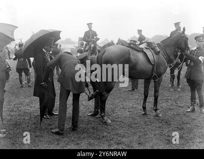 Richmond Horse Show. Le roi regardant un dispositif spécial sur la chaussure d'un cheval de policier pour empêcher le dérapage. 12 juin 1920 Banque D'Images