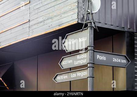 Un panneau de signalisation décoratif avec les directions et les distances vers les plus grandes villes du monde près du café. Banque D'Images