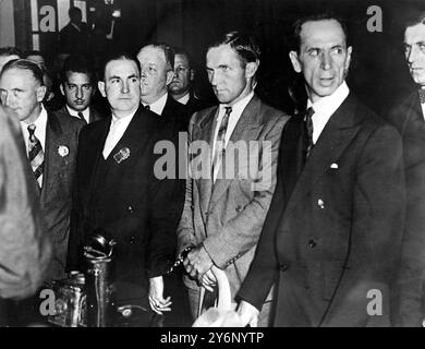 Bernard Rchard Hauptman a été arrêté à New York, soupçonné d'être lié à l'enlèvement du colonel Lindbergh bébé fils - l'argent ( qui a été payé pour la rançon de l'enfant ) a été retrouvé caché dans un bidon de pétrole sous le plancher d'un garage annexé à une maison occupée par Hauptman dans le quartier du Bronx à New York - photo montre Hauptman menotté au poste de police de Greenwich Village à New York ville après son arrestation le 29 septembre 1934 Banque D'Images