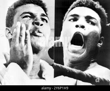 Le champion du monde poids lourds Cassius Clay a photographié à la fois dans le vestiaire et sur le ring lors du titre mondial poids lourds le 26 février 1964 Banque D'Images