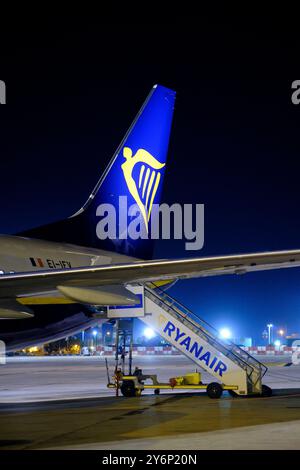 Avion Ryanair, Boeing 737 ma sur le tarmac de l'aéroport de Malaga en Espagne. Piste et avion Banque D'Images