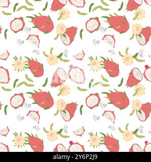 Motif de fruit de dragon abstrait dessiné à la main avec des parties de plante et de la nourriture tranchée. Modèle sans couture de pitaya avec pour textile, papier d'emballage, affiches. Textures de mode. Illustration de Vecteur
