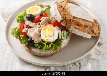 Sandwich French Pan Bagnat avec salade nicoise composé d'œufs durs, thon, légumes et assaisonné avec de l'huile d'olive gros plan sur une assiette sur un WO Banque D'Images