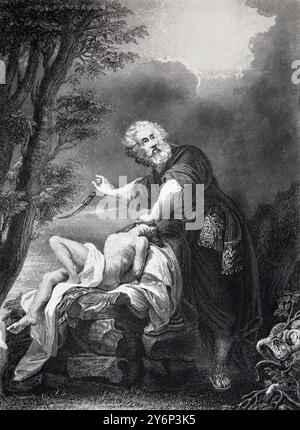 Illustration de l'épreuve de la foi d'Abraham - Abraham offrant Isaac de l'ancienne Bible de la famille complète nationale du 19ème siècle (John Harr Banque D'Images