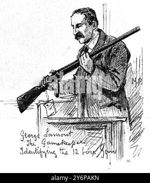 L'affaire Ardlamont - scène à la haute Cour de justice . Édimbourg : George Lamont , le gardien de chasse identifiant le fusil de chasse de 12 calibre le meurtre d'Ardlamont (également connu sous le nom de mystère Ardlamont et l'affaire Monson, qui a eu lieu à Argyll, Écosse, le 10 août 1893, a donné lieu à deux procès de haut niveau : un procès pour meurtre à Édimbourg (HM Advocate v Monson), et un procès pour diffamation à Londres (Monson v Tussauds Ltd) l'année suivante. Alfred John Monson a reçu le verdict écossais de «non prouvé» dans son procès à la haute Cour de justice pour le meurtre de Cecil Hambrough. Puis, en 1894 Banque D'Images