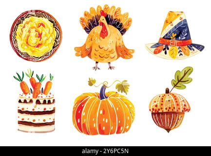 Éléments du jour de Thanksgiving de dessin animé. Joyeuses vacances d'automne en famille, nourriture traditionnelle, fête de la récolte, citrouilles, dinde et tarte, chapeau de pèlerin et récolte Illustration de Vecteur