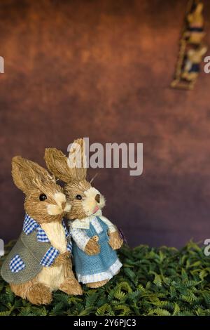 Deux lapins en peluche sont debout l'un à côté de l'autre sur un fond vert feuillu. Les lapins portent des vêtements bleus et semblent poser pour un p. Banque D'Images