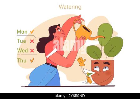Conseils d'entretien des plantes maison. Caractère profitez du jardinage en prenant soin et en arrosant les plantes d'intérieur en pot. Passe-temps agricole moderne, conseils en agriculture urbaine. Illustration vectorielle plate Illustration de Vecteur