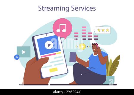 Service de musique en continu. Homme dans un casque écoutant de la musique avec un service de diffusion en ligne. Application basée sur l'IA utilisant le système cloud. Illustration vectorielle plate Illustration de Vecteur
