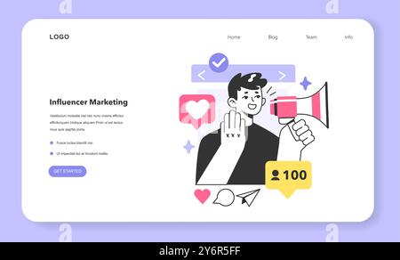 Bannière Web ou page de destination du marketing d'influence. Promotion numérique dans les réseaux sociaux. Publicité et relations publiques. Les influenceurs des médias sociaux attirent les clients. Illustration vectorielle plate Illustration de Vecteur