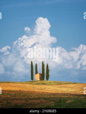 Petite église San Pierino abandonnée avec des cyprès près près de Ponsacco et nuage d'orage en arrière-plan. Province de Pise, région Toscane, Italie Banque D'Images