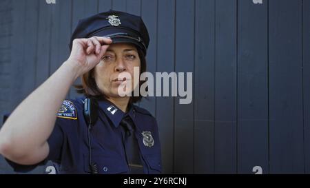 Une policière hispanique sérieuse en uniforme se dresse sur fond urbain, symbolisant l'application de la loi et la sécurité. Banque D'Images