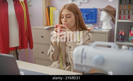 Femme aux cheveux roux profitant d'une pause dans un magasin de tailleur avec du matériel de couture et des vêtements autour Banque D'Images