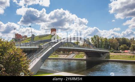 Un pont panoramique sur la rivière Neris avec l'historique tour Gediminas sur une colline. Vilnius, Lituanie Banque D'Images