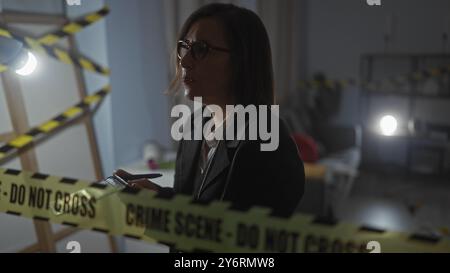 Une femme d'âge moyen examine une scène de crime à l'intérieur, avec une bande de police au premier plan et un éclairage sombre. Banque D'Images