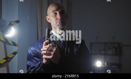 Homme chauve en costume examine l'arme à feu à l'intérieur de la scène de crime avec un éclairage dramatique Banque D'Images