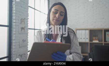 Une femme hispanique souriante en tenue médicale examine une planche à pince dans un bureau lumineux de clinique. Banque D'Images