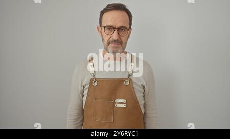 Un homme barbu et mature enfilant des lunettes et un tablier brun se tient confiant sur un fond blanc. Banque D'Images