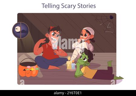 Fête d'Halloween. Amis sur une fête de tours ou de friandises. Des enfants heureux portant des costumes et racontant des histoires effrayantes. Tradition nocturne effrayante. Illustration vectorielle plate Illustration de Vecteur