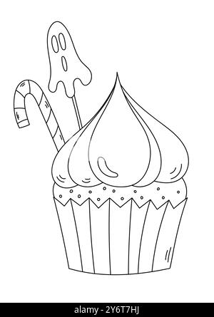 Coloriage Des pages d'Un muffin d'Halloween avec des bonbons Illustration de Vecteur