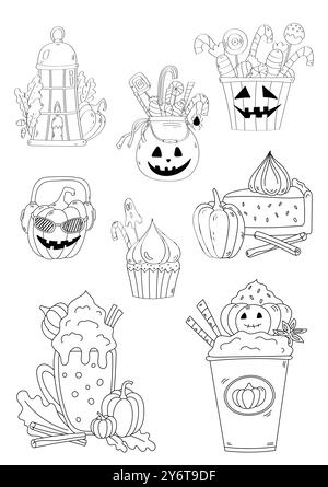 Jeu de pages de coloriage de dessins animés d'Halloween montrant des citrouilles et des bonbons Illustration de Vecteur