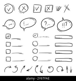 Ensemble dessiné à la main d'éléments, boîtes de dialogue, bulles de parole, flèches, cases à cocher, zones de texte. Signes et symboles pour la conception Illustration de Vecteur