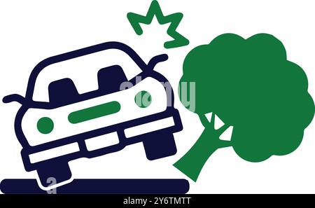 arbre, voiture, accident, chute d'arbre, arbre tombé sur l'icône de capot de voiture Illustration de Vecteur