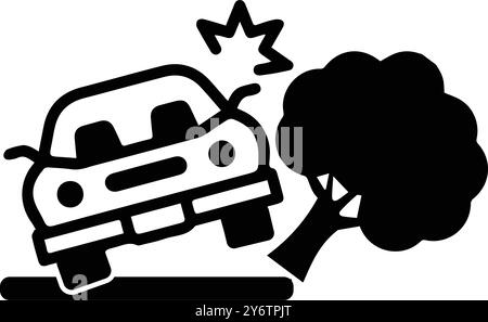 arbre, voiture, accident, chute d'arbre, arbre tombé sur l'icône de capot de voiture Illustration de Vecteur