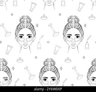 Motif vectoriel sans couture de soin de la peau. Illustration vectorielle de ligne unique de produits de beauté Illustration de Vecteur