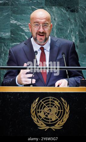 New York, États-Unis. 26 septembre 2024. Le Président belge du Conseil européen Charles Michel prononce un discours lors de la 79ème session de l'Assemblée générale des Nations Unies (UNGA79), à New York, aux États-Unis d'Amérique, jeudi 26 septembre 2024. BELGA PHOTO BENOIT DOPPAGNE crédit : Belga News Agency/Alamy Live News Banque D'Images