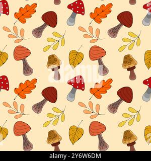 Modèle d'automne sans couture avec des champignons et des feuilles de forêt illustration vectorielle Illustration de Vecteur