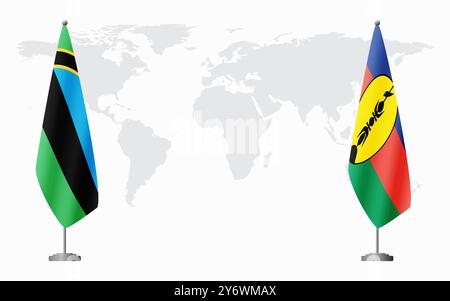 Drapeaux de Zanzibar et de Nouvelle-Calédonie pour la réunion officielle sur fond de carte du monde. Illustration de Vecteur