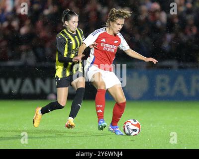 Borehamwood, Royaume-Uni. 26 septembre 2024. Borehamwood, Angleterre, septembre 26 2024 : Laia Codina (5 Arsenal) sur le ballon lors de l'UEFA Womens Champions League Round 2 qualifications : match de deuxième manche entre Arsenal et BK Hacken au stade Mangata Pay UK, Meadow Park à Borehamwood, Angleterre. (Jay Patel/SPP) crédit : photo de presse sportive SPP. /Alamy Live News Banque D'Images