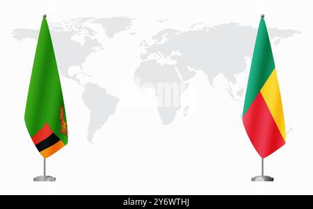 Zambie et Bénin drapeaux pour la réunion officielle sur fond de carte du monde. Illustration de Vecteur