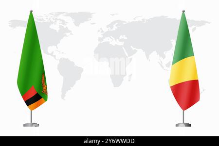 Zambie et Congo Brazzaville drapeaux pour la réunion officielle sur fond de carte du monde. Illustration de Vecteur