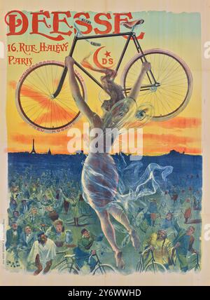 Affiche publicitaire Vintage française pour vélo : magasin de vélo Déesse à Paris, mettant en scène une femme tenant un vélo au-dessus de sa tête en signe de liberté. 1898 par Jean de Paleologu Banque D'Images