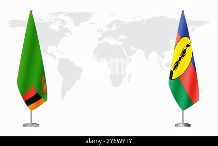 Zambie et Nouvelle-Calédonie drapeaux pour la réunion officielle sur fond de carte du monde. Illustration de Vecteur