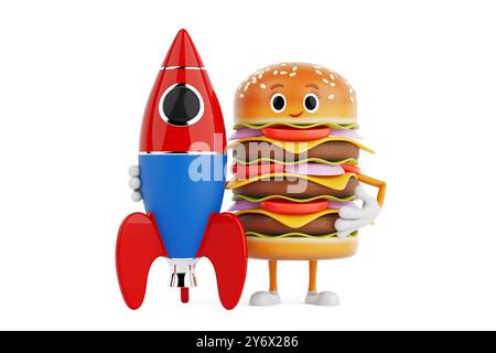 Cartoon Premium Delicious Burger icône personnage mascotte avec Cartoon Toy Rocket sur fond blanc. Rendu 3D. Banque D'Images