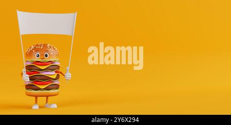 Cartoon Premium Delicious Burger icône personnage mascotte et vide bannière blanche vierge avec espace libre pour votre conception sur un fond jaune. 3d Banque D'Images