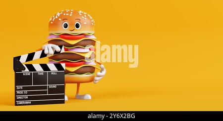 Cartoon Premium Delicious Burger icône personnage mascotte avec Movie Clapper Board sur fond jaune. Rendu 3D. Banque D'Images