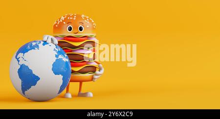 Cartoon Premium Delicious Burger icône personnage mascotte avec Earth Globe sur fond jaune. Rendu 3D. Banque D'Images