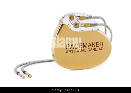Stimulateur cardiaque artificiel implantable doré sur fond blanc. Rendu 3D. Banque D'Images