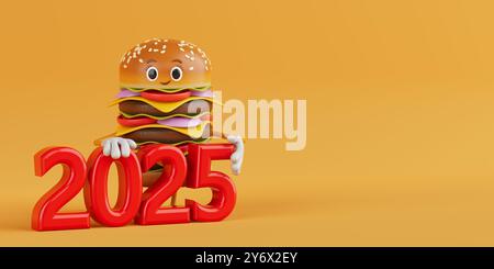 Cartoon Premium Delicious Burger icône personnage mascotte avec Red 2025 New Year Sign sur fond jaune. Rendu 3D. Banque D'Images