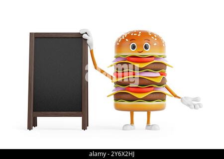 Cartoon Premium Delicious Burger icône personnage mascotte avec Blank Wooden Menu Blackboards Outdoor Display sur fond blanc. Rendu 3D. Banque D'Images